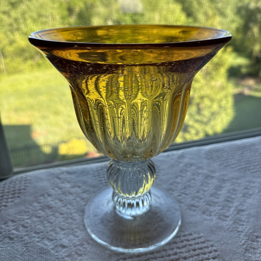 VTG Bubble Ribbed Glass Pedestal Vase HandBlown Art Flared Rim Amber MCM 8" Tall